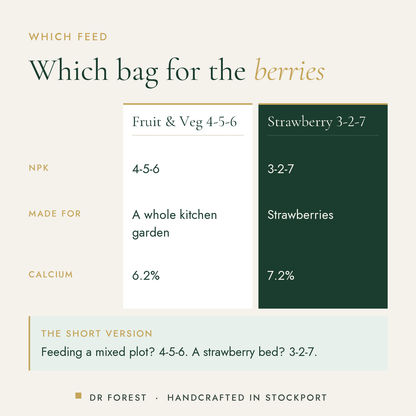 Dr Forest Strawberry Feed 3-2-7 compared with fruit & veg 4-5-6: npk, made for, calcium