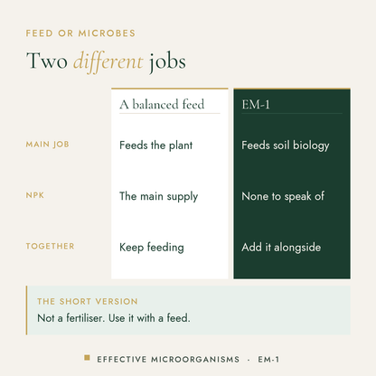Dr Forest EM-1 Effective Microorganisms concentrate, 1 L compared with a balanced feed: main job, npk, together