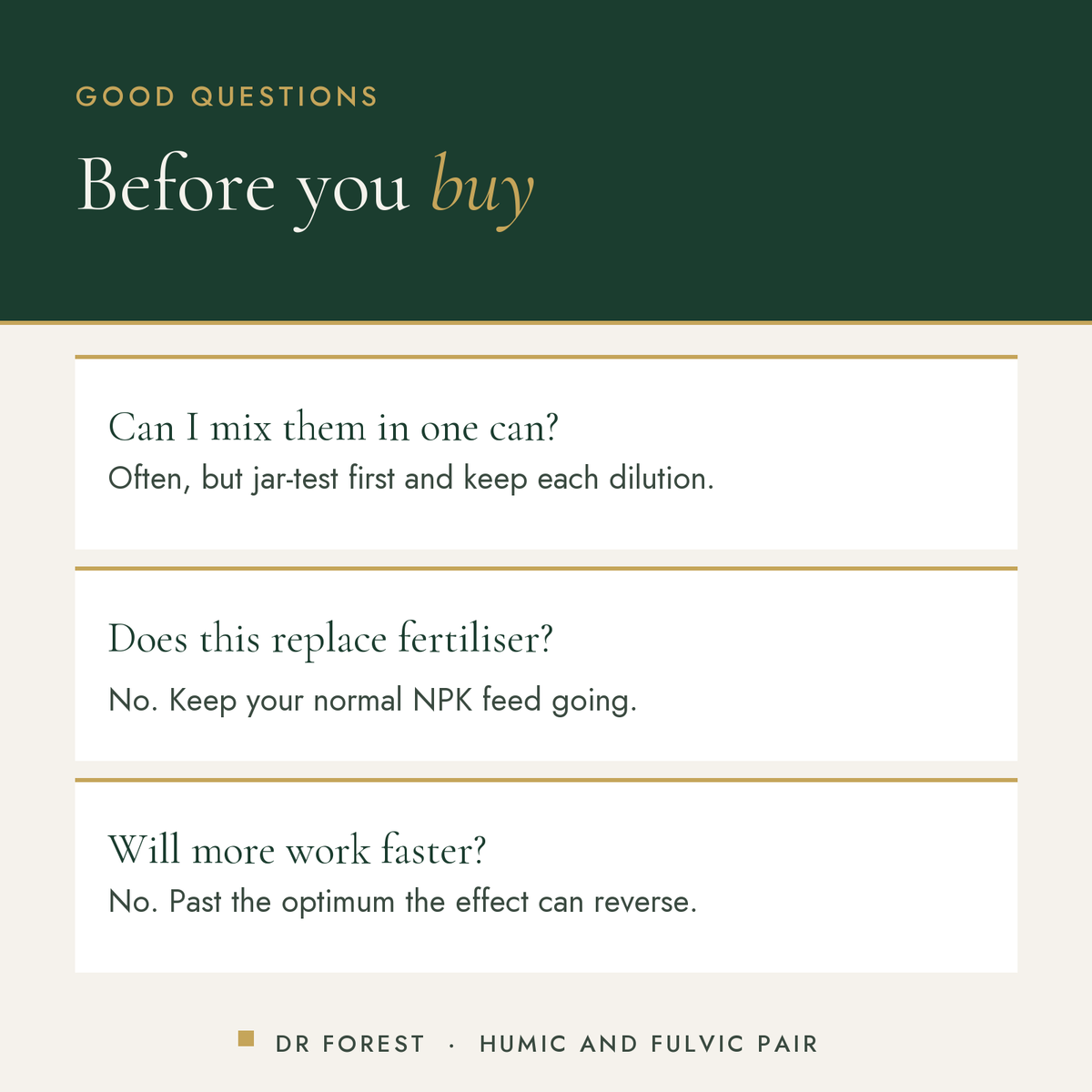 Dr Forest Humic & Fulvic Acid Pair (bundle) common questions: Can I mix them in one can? Does this replace fertiliser? Will…