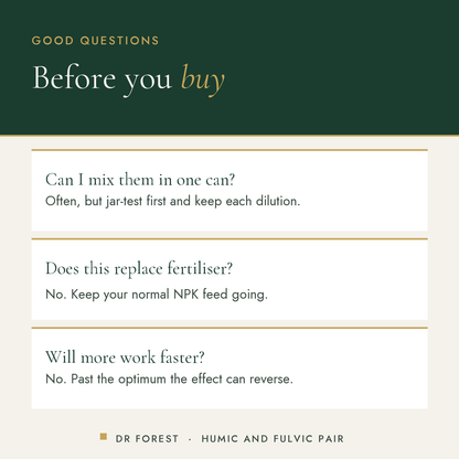 Dr Forest Humic & Fulvic Acid Pair (bundle) common questions: Can I mix them in one can? Does this replace fertiliser? Will…
