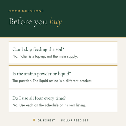 Dr Forest Humic, Fulvic, Seaweed & Amino Set (bundle) common questions: Can I skip feeding the soil? Is the amino powder or…
