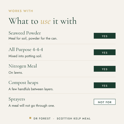 What Dr Forest Scottish Kelp Meal, granular seaweed works with: seaweed powder, all purpose 4-4-4, nitrogen meal, compost…