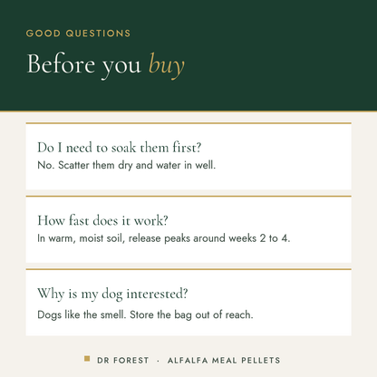 Dr Forest Alfalfa Meal Pellets 2.5-0.3-2 common questions: Do I need to soak them first? How fast does it work? Why is my…