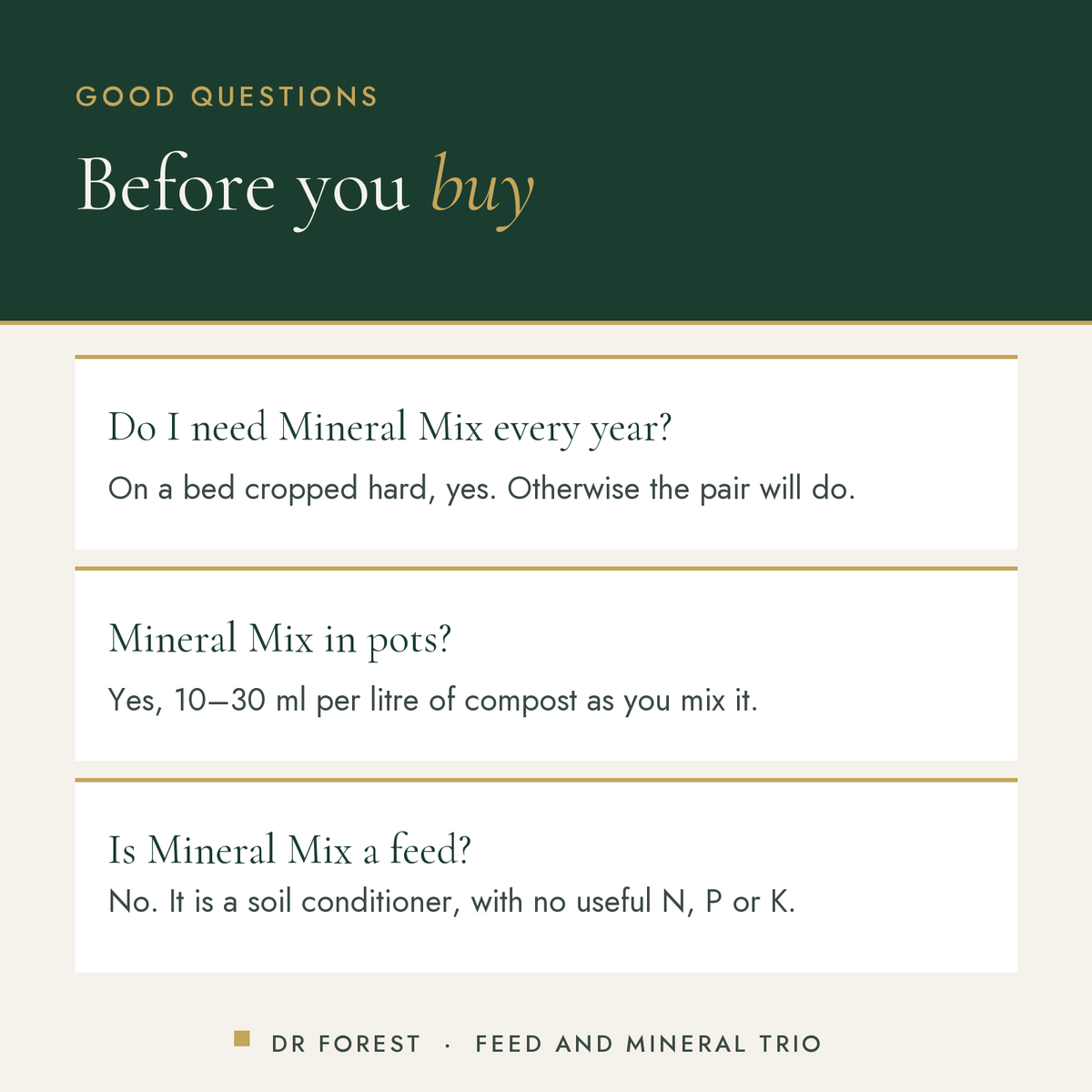 Dr Forest All Purpose, Bloom & Mineral Mix Trio (bundle) common questions: Do I need Mineral Mix every year? Mineral Mix in…