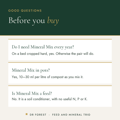 Dr Forest All Purpose, Bloom & Mineral Mix Trio (bundle) common questions: Do I need Mineral Mix every year? Mineral Mix in…