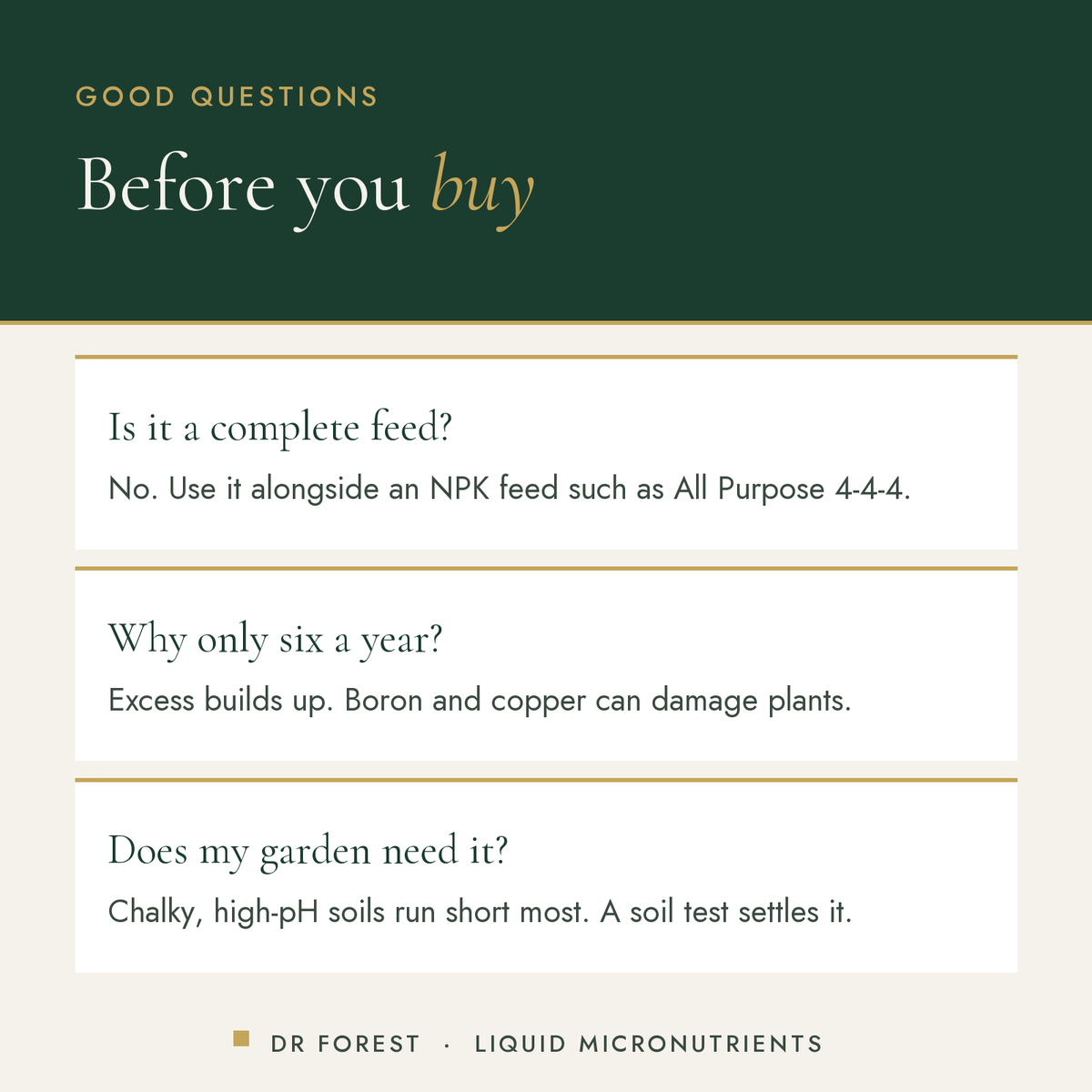 Dr Forest Liquid Micronutrients Micro-7 common questions: Is it a complete feed? Why only six a year? Does my garden need it?