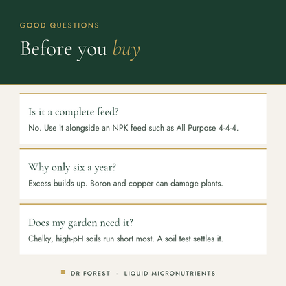 Dr Forest Liquid Micronutrients Micro-7 common questions: Is it a complete feed? Why only six a year? Does my garden need it?