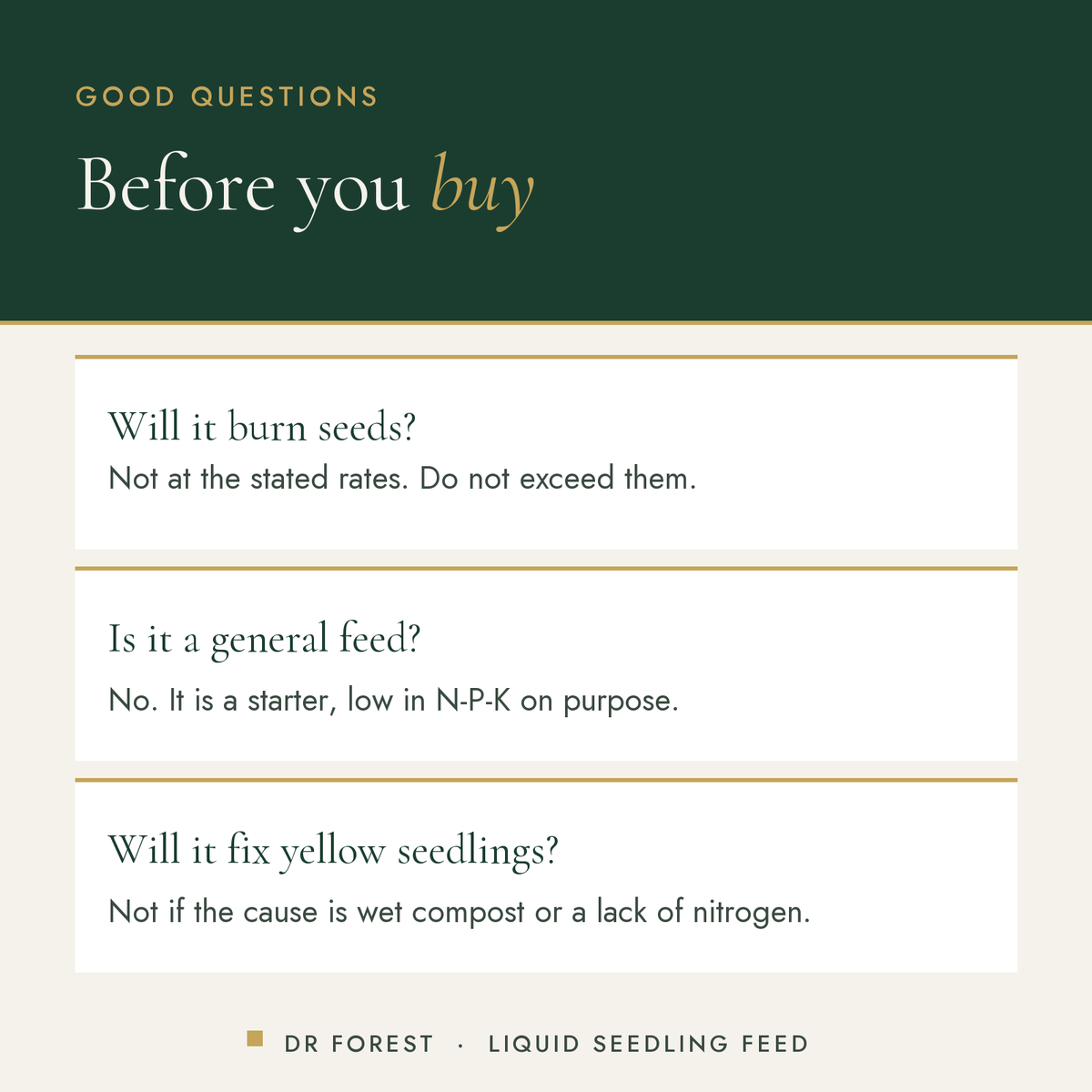 Dr Forest Liquid Seedling Fertiliser, root starter common questions: Will it burn seeds? Is it a general feed? Will it fix…