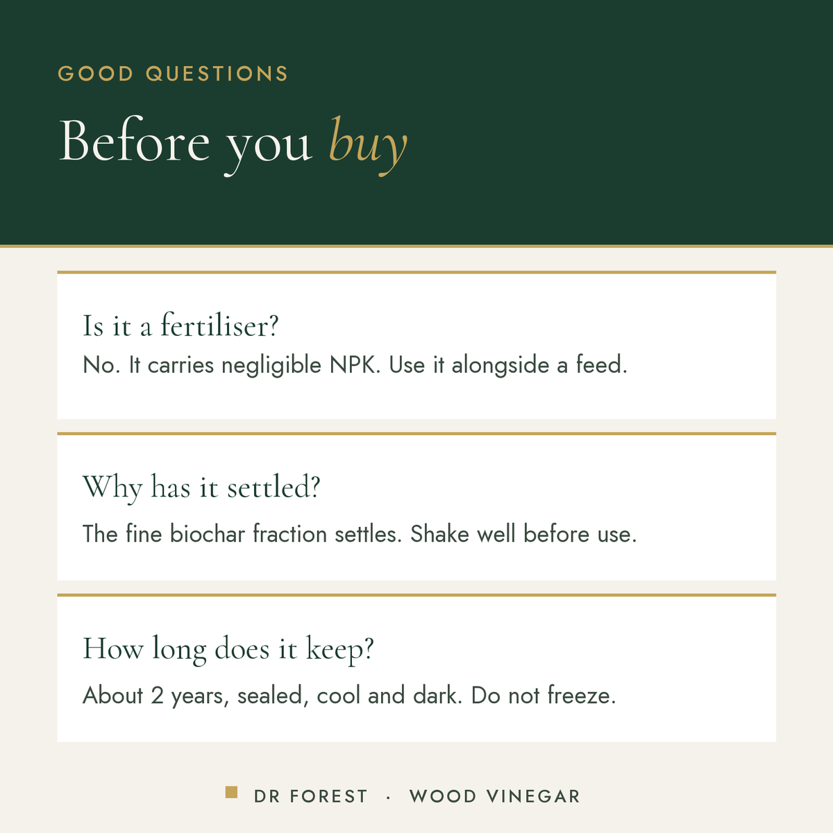 Dr Forest Wood Vinegar, pyroligneous acid biostimulant common questions: Is it a fertiliser? Why has it settled? How long…