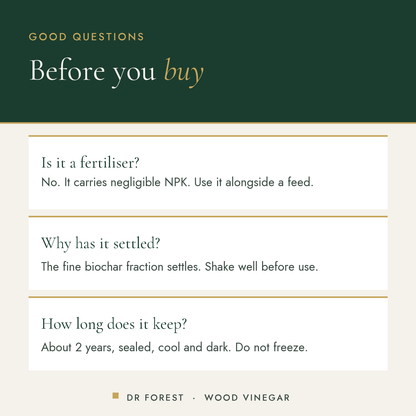 Dr Forest Wood Vinegar, pyroligneous acid biostimulant common questions: Is it a fertiliser? Why has it settled? How long…