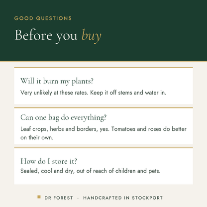 Dr Forest All Purpose Fertiliser 4-4-4 common questions: Will it burn my plants? Can one bag do everything? How do I store…