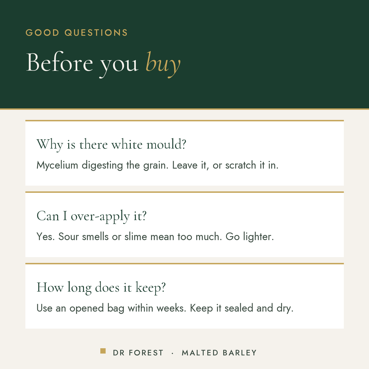Dr Forest Malted Barley, 250+ WK diastatic malt common questions: Why is there white mould? Can I over-apply it? How long…