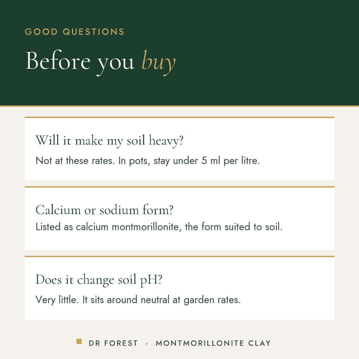 Dr Forest Montmorillonite Clay, soil CEC booster common questions: Will it make my soil heavy? Calcium or sodium form? Does…