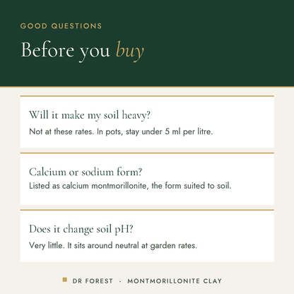 Dr Forest Montmorillonite Clay, soil CEC booster common questions: Will it make my soil heavy? Calcium or sodium form? Does…