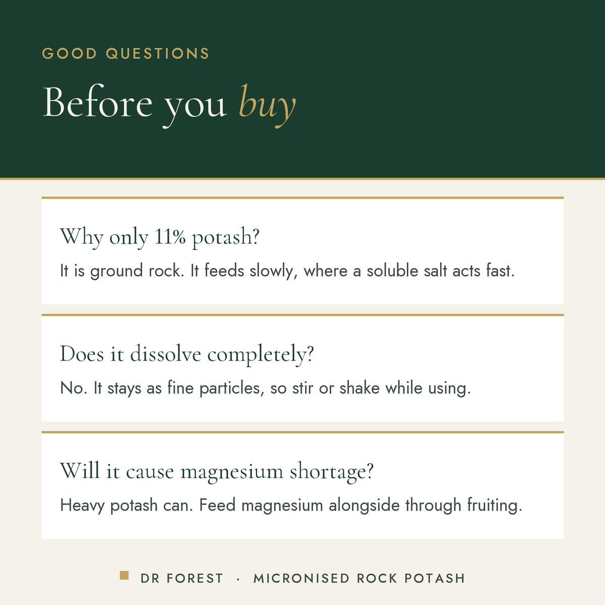 Dr Forest Potassium Rich Fertiliser (Micro-K), 11% K2O common questions: Why only 11% potash? Does it dissolve completely?…