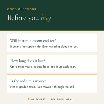 Dr Forest Sea Shell Meal, crushed shell calcium common questions: Will it stop blossom end rot? How long does it last? Is…
