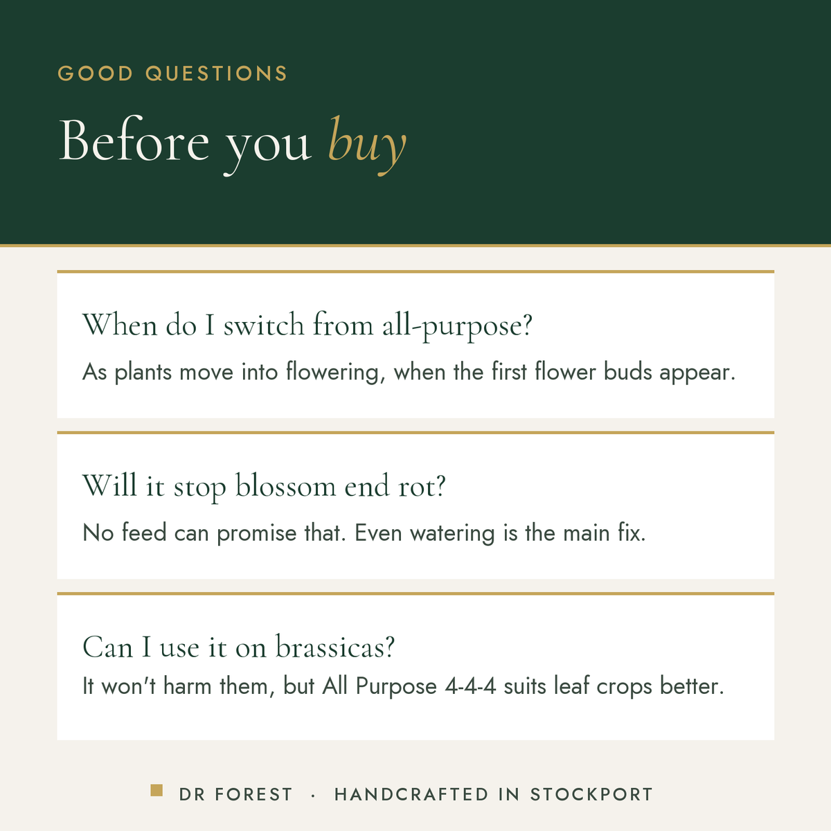 Dr Forest Fruit & Vegetable Fertiliser 4-5-6 common questions: When do I switch from all-purpose? Will it stop blossom end…