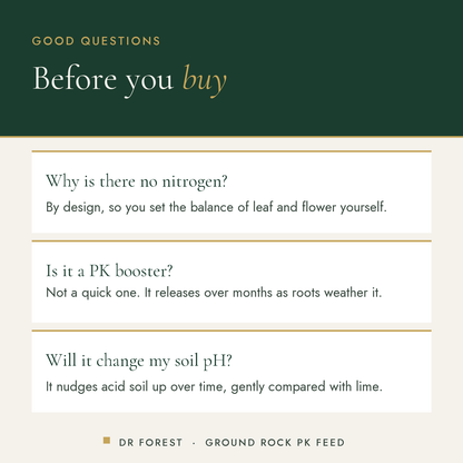 Dr Forest PK Fertiliser 0-5-5 + Calcium common questions: Why is there no nitrogen? Is it a PK booster? Will it change my…
