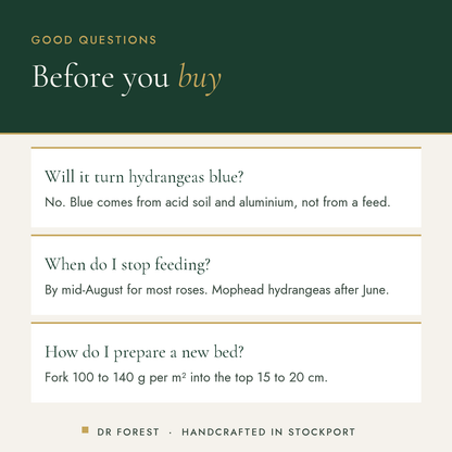 Dr Forest Rose & Shrub Feed 5-3-5 common questions: Will it turn hydrangeas blue? When do I stop feeding? How do I prepare…