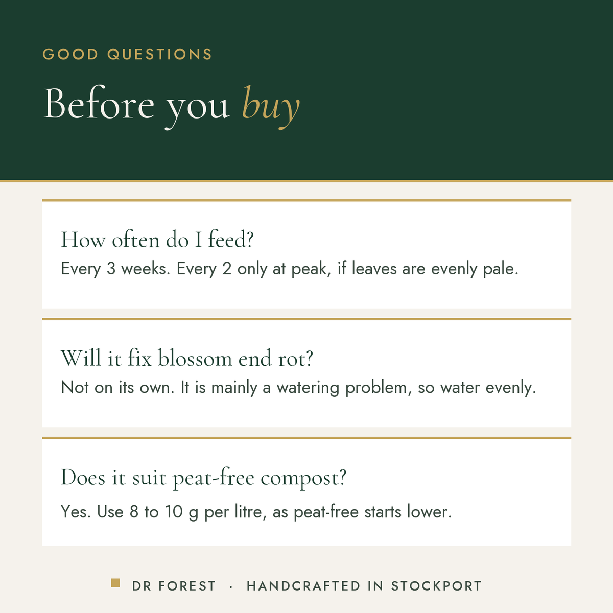 Dr Forest Tomato Feed 3-4-6 common questions: How often do I feed? Will it fix blossom end rot? Does it suit peat-free…