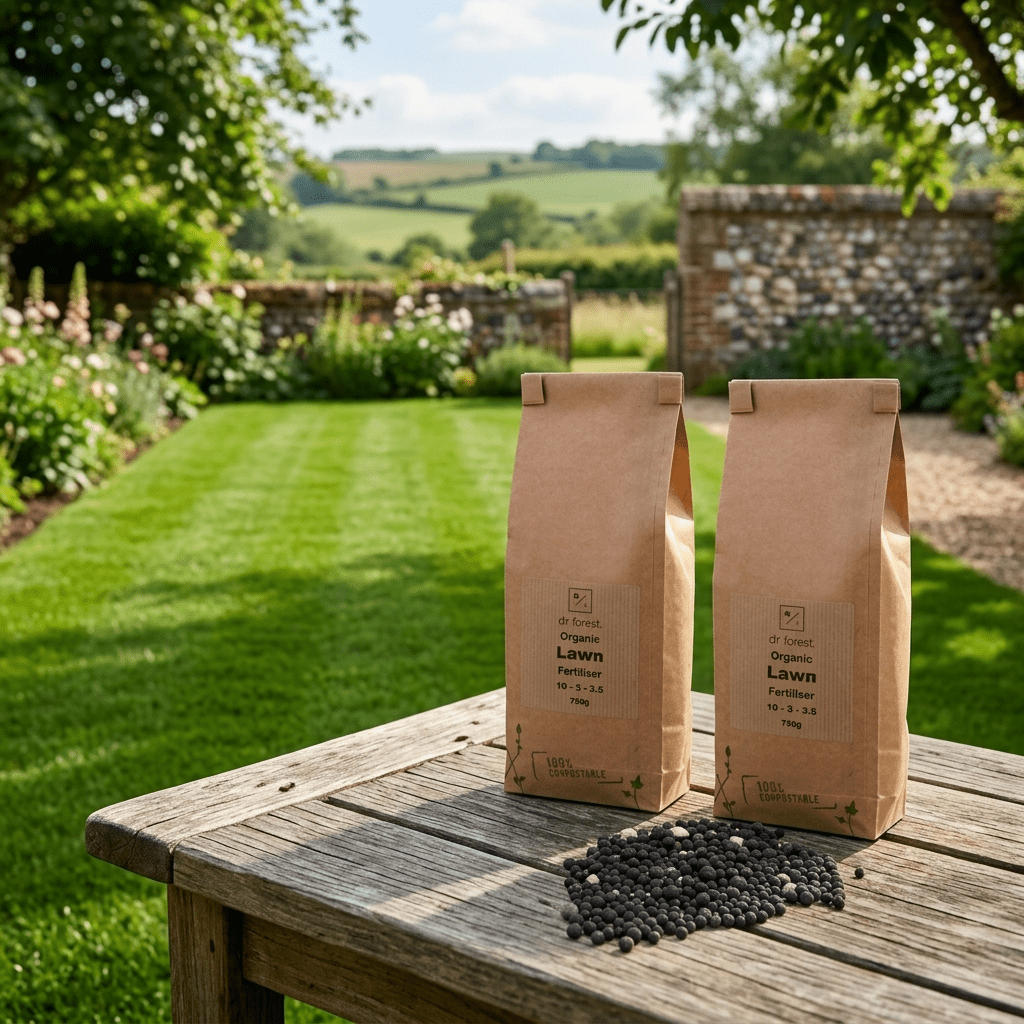 Dr Forest Organic Lawn Fertiliser in a British garden with an established lawn