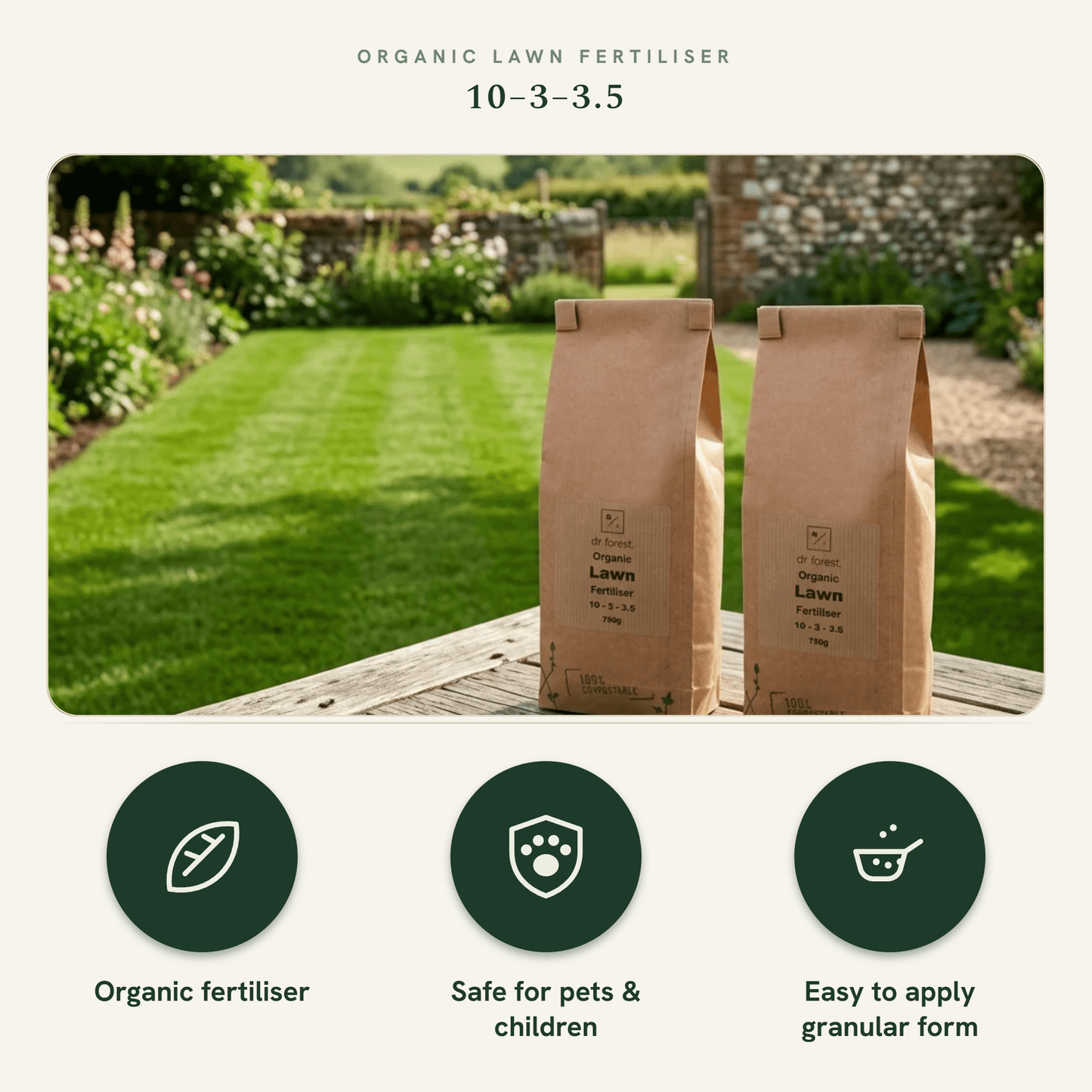 The benefits of Dr Forest Organic Lawn Fertiliser, shown as a labelled summary