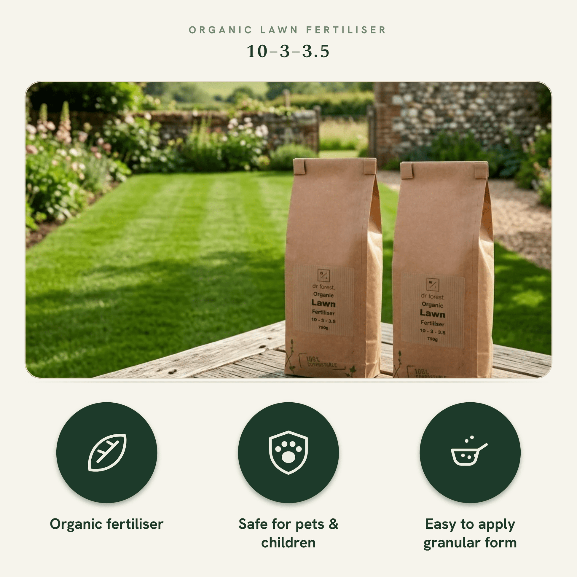 The benefits of Dr Forest Organic Lawn Fertiliser, shown as a labelled summary