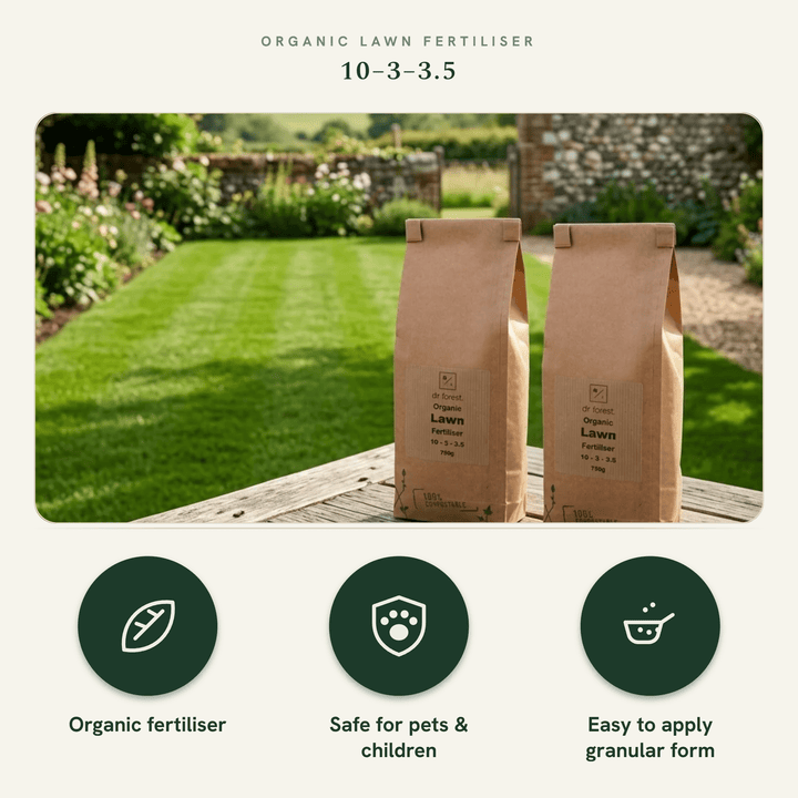 The benefits of Dr Forest Organic Lawn Fertiliser, shown as a labelled summary