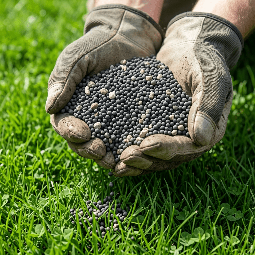 A gloved hand holding Dr Forest Organic Lawn Fertiliser granules