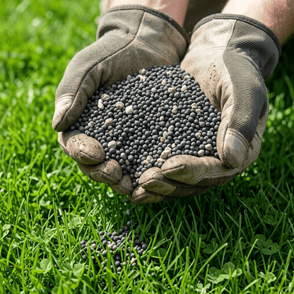 A gloved hand holding Dr Forest Organic Lawn Fertiliser granules