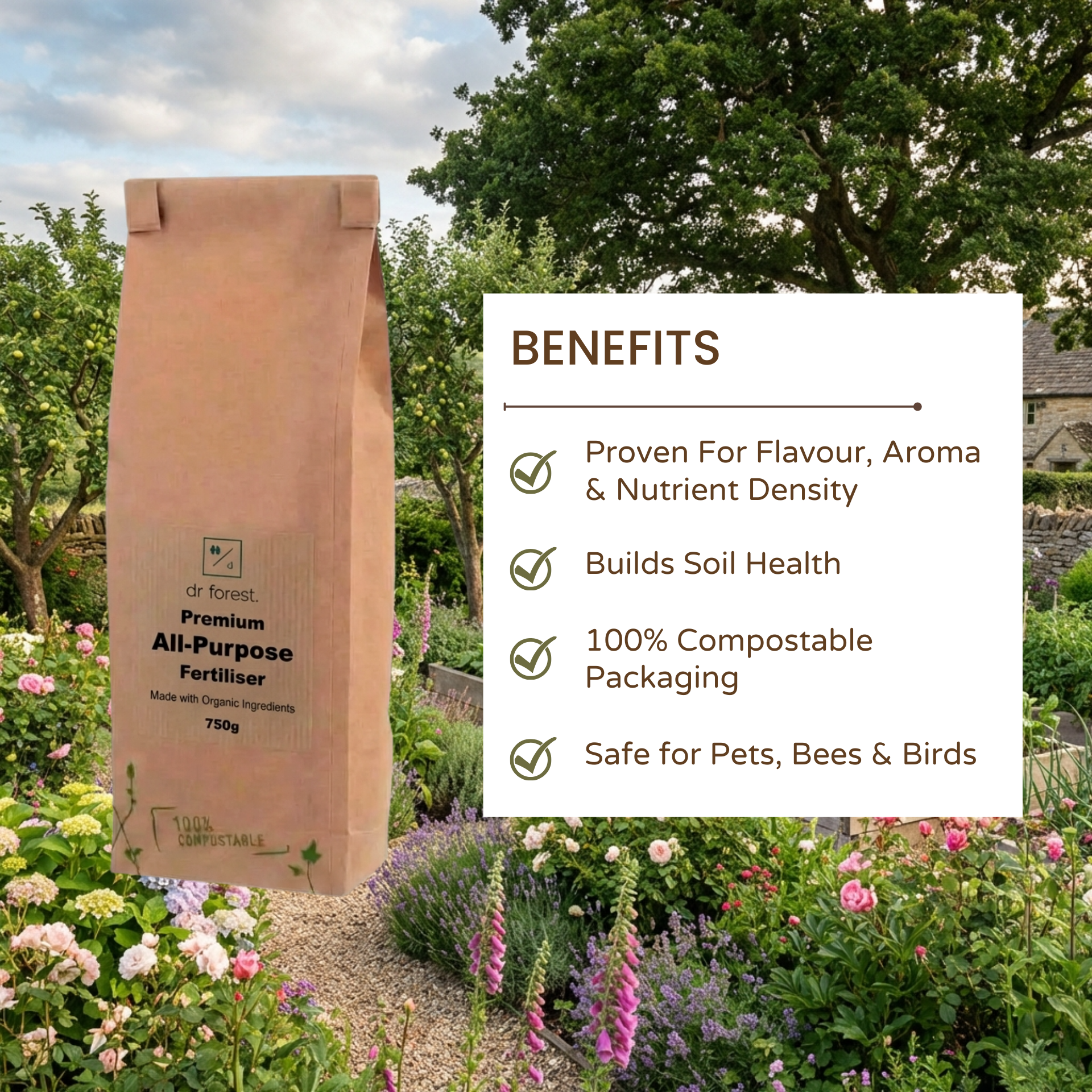 Organic All-Purpose Fertiliser — Benefits graphic: Flavour, Soil Health, Compostable Packaging, Safe for Pets