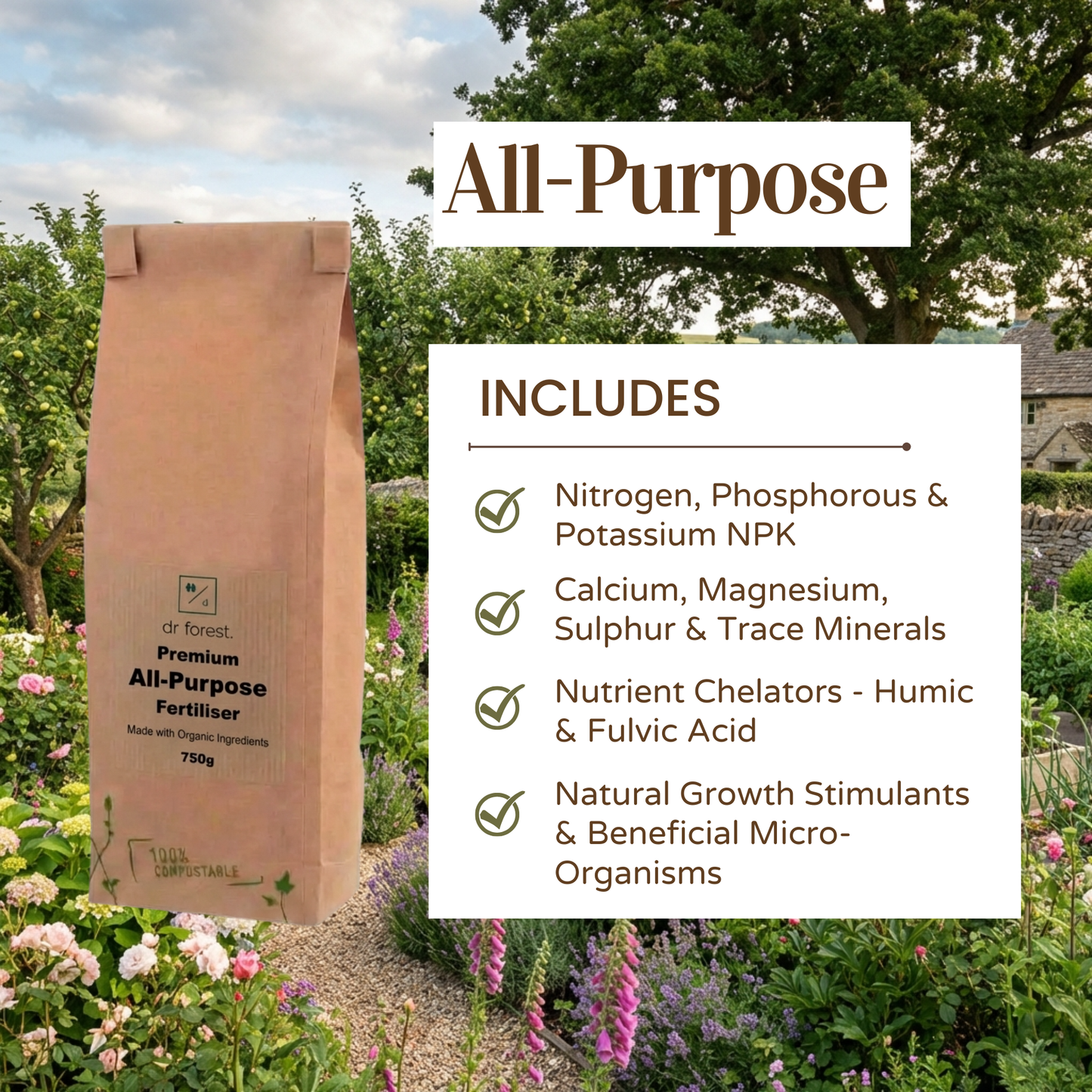 Organic All-Purpose Fertiliser — All-Purpose graphic, kraft bag in cottage garden, Includes: NPK, Ca/Mg, humic/fulvic