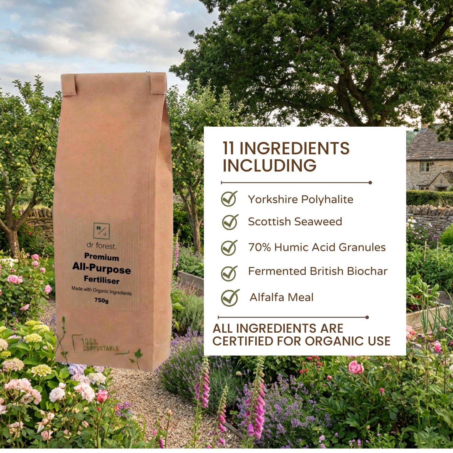 Organic All-Purpose Fertiliser — 11 Ingredients graphic: polyhalite, seaweed, humic granules, biochar, alfalfa meal