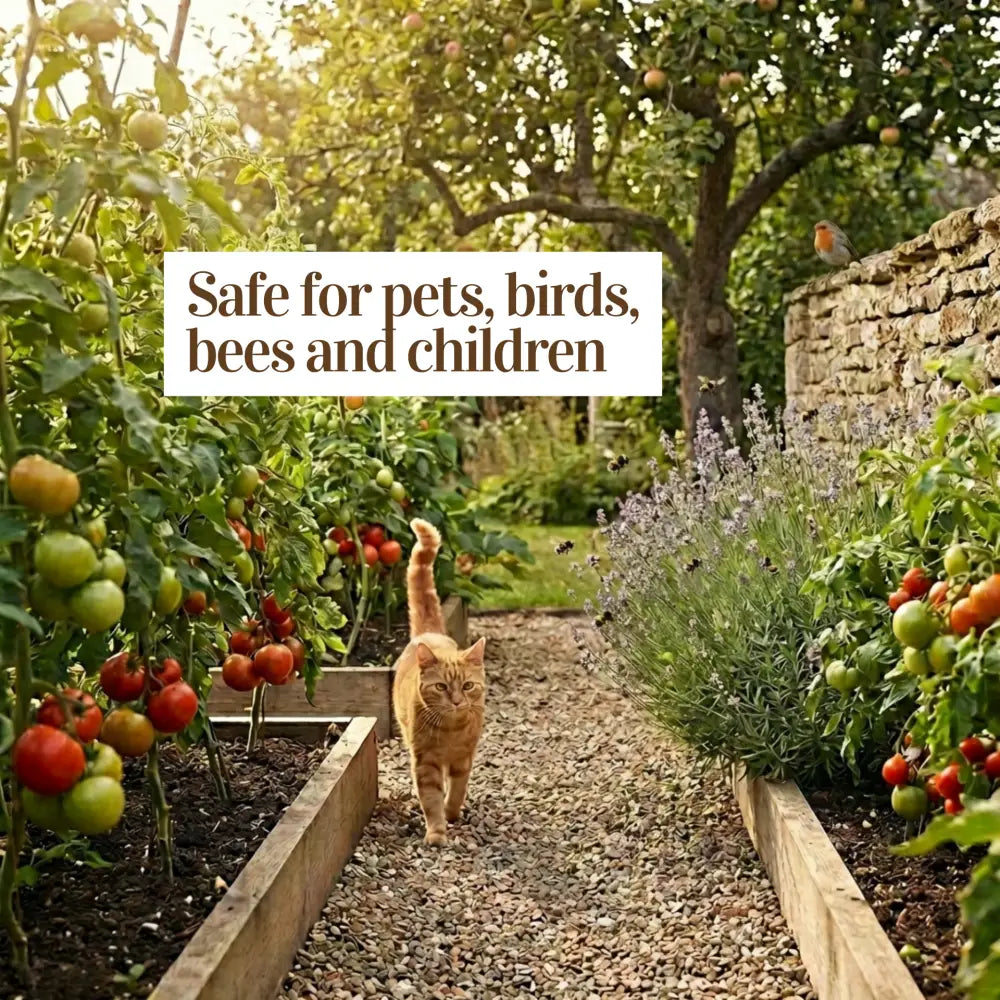 Organic All-Purpose Fertiliser — ginger cat between raised tomato beds, claim: safe for pets, birds, bees and children