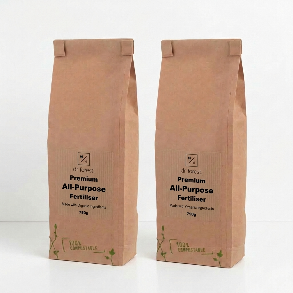 Organic All-Purpose Fertiliser — two 750g kraft bags labelled Dr Forest Premium All-Purpose Fertiliser, Made with Organic Ingredients, 100% Compostable