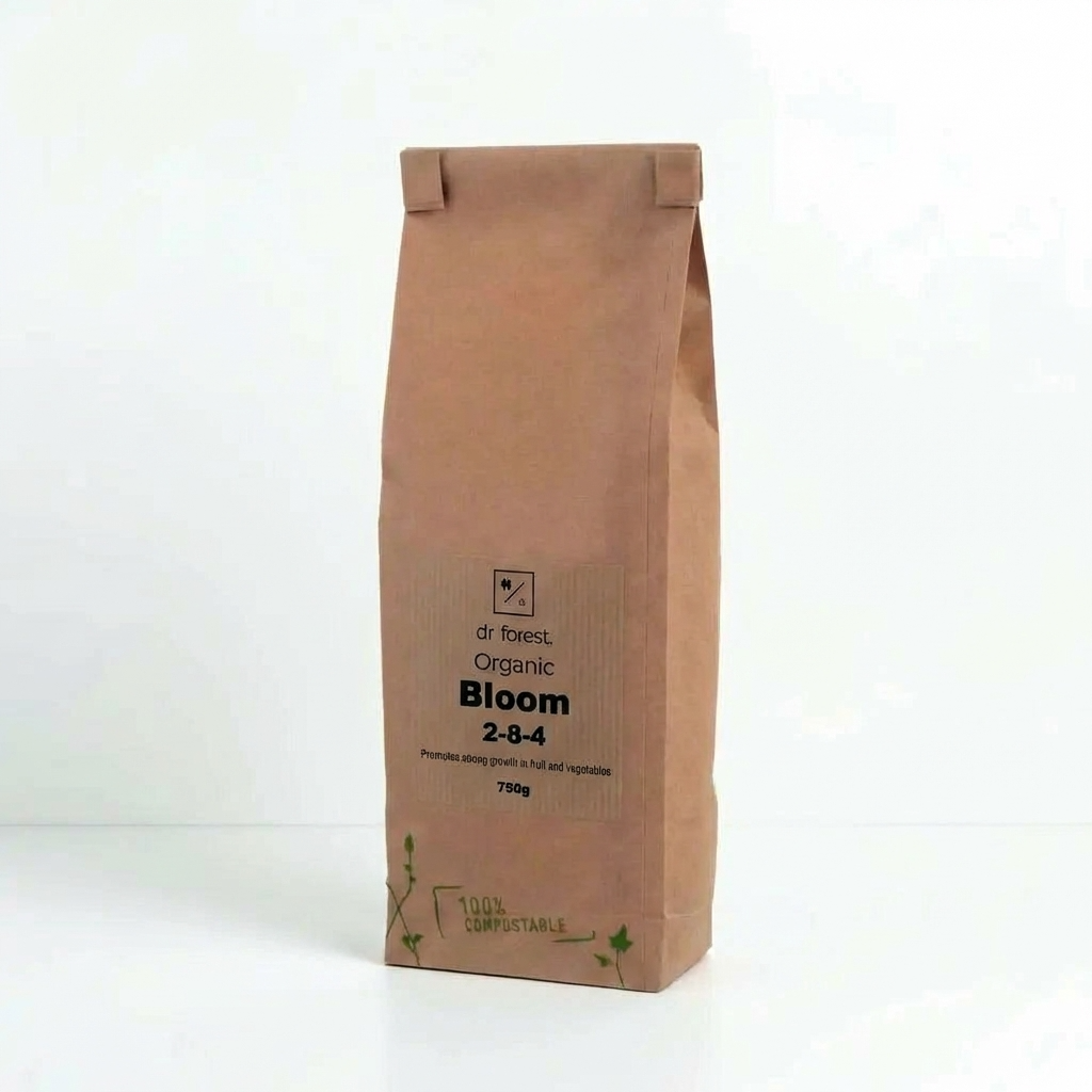 Organic Bloom Fertiliser 2-8-4 — 750g kraft paper bag with dr forest Organic Bloom 2-8-4 label on white background