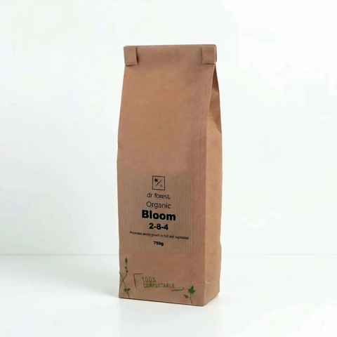 Organic Bloom Fertiliser 2-8-4 — 750g kraft paper bag with dr forest Organic Bloom 2-8-4 label on white background