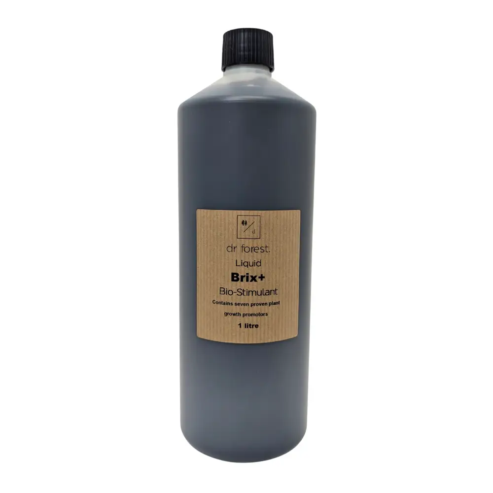 Liquid Seaweed Biostimulant — 1 litre bottle of dark blue-grey liquid with dr forest Liquid Brix+ Bio-Stimulant label