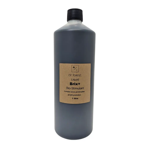Liquid Seaweed Biostimulant — 1 litre bottle of dark blue-grey liquid with dr forest Liquid Brix+ Bio-Stimulant label