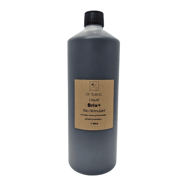 Liquid Seaweed Biostimulant — 1 litre bottle of dark blue-grey liquid with dr forest Liquid Brix+ Bio-Stimulant label