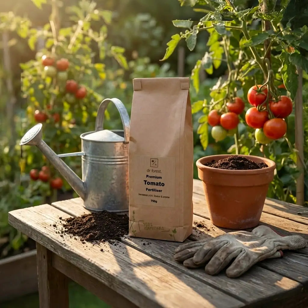 Brown paper bag labeled ’premium tomato fertiliser’ by dr.
