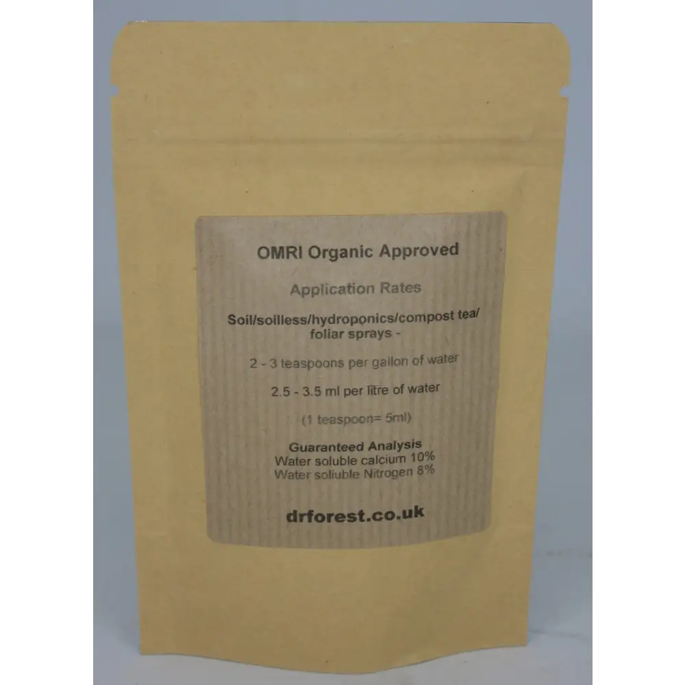 Organic Amino Chelated Calcium — back of kraft pouch with OMRI Organic Approved, Application Rates, Guaranteed Analysis
