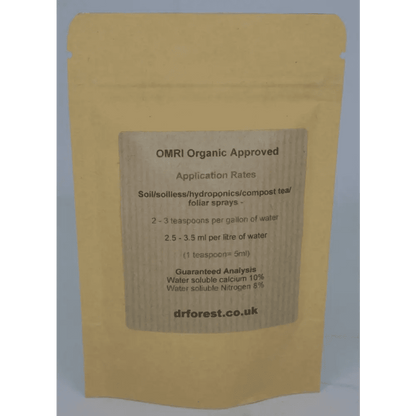Organic Amino Chelated Calcium — back of kraft pouch with OMRI Organic Approved, Application Rates, Guaranteed Analysis