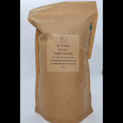 Organic Malted Barley — 750g kraft bag with dr forest Diastatic Malted Barley label, Min 250 Diastatic Power