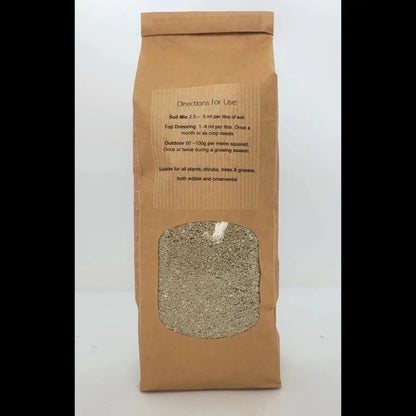 Montmorillonite Clay — back of kraft bag with Directions for Use panel and window showing grey granules