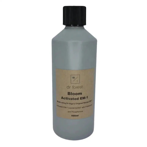 Organic Liquid Bloom Booster — 500ml white bottle of grey liquid with dr forest Bloom Activated EM-1 label