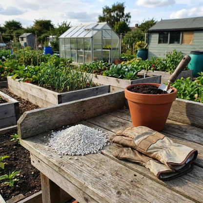 Sulphate of Potash — white granules on allotment bench with terracotta pot, gloves, raised beds and greenhouse