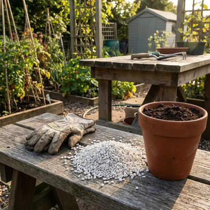 Sulphate of Potash — white granules and gardening gloves on wooden bench beside terracotta pot of soil