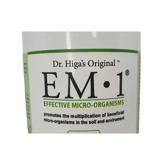EM-1 Effective Microorganisms — close-up of bottle label, Effective Micro-Organisms wording
