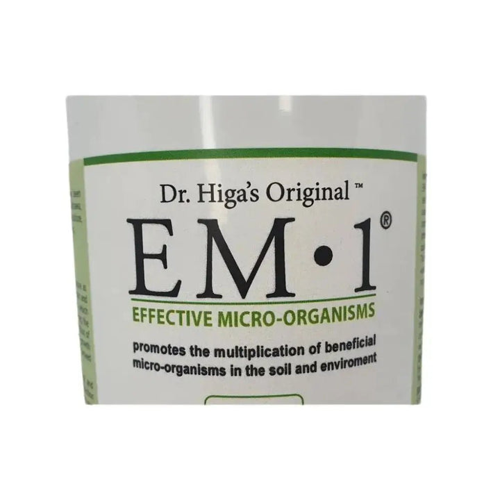EM-1 Effective Microorganisms — close-up of bottle label, Effective Micro-Organisms wording